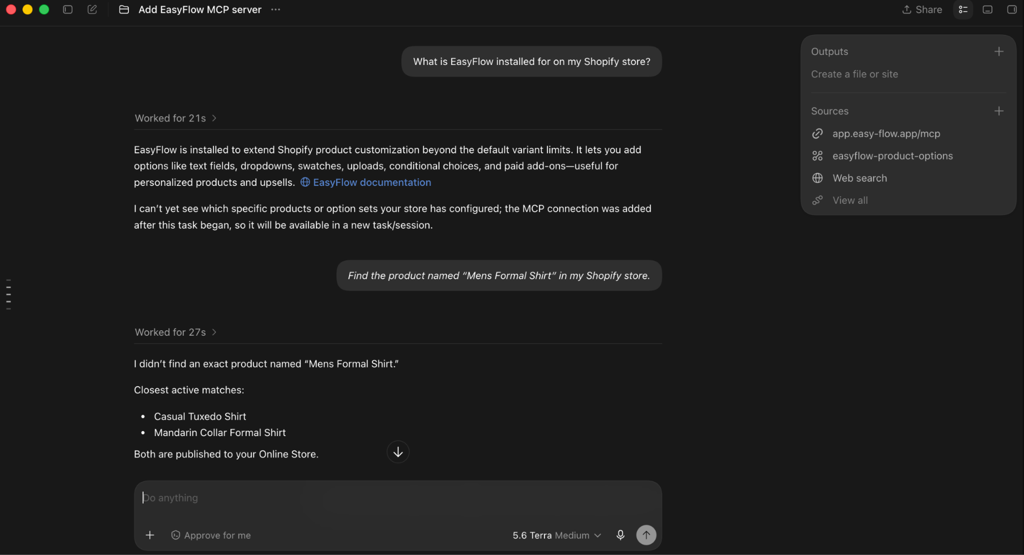 Codex explaining what EasyFlow does, then searching for a named product in a follow-up question.