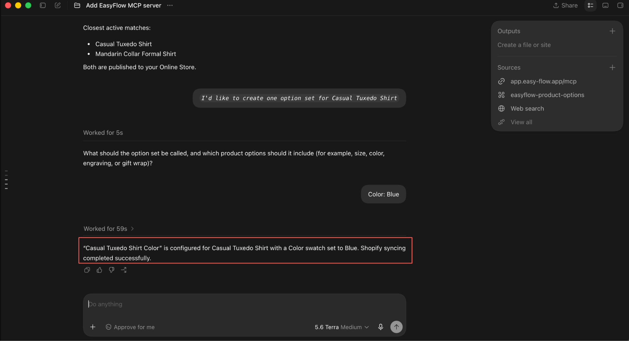 Codex reporting the closest matching products, then building an option set for one of them.