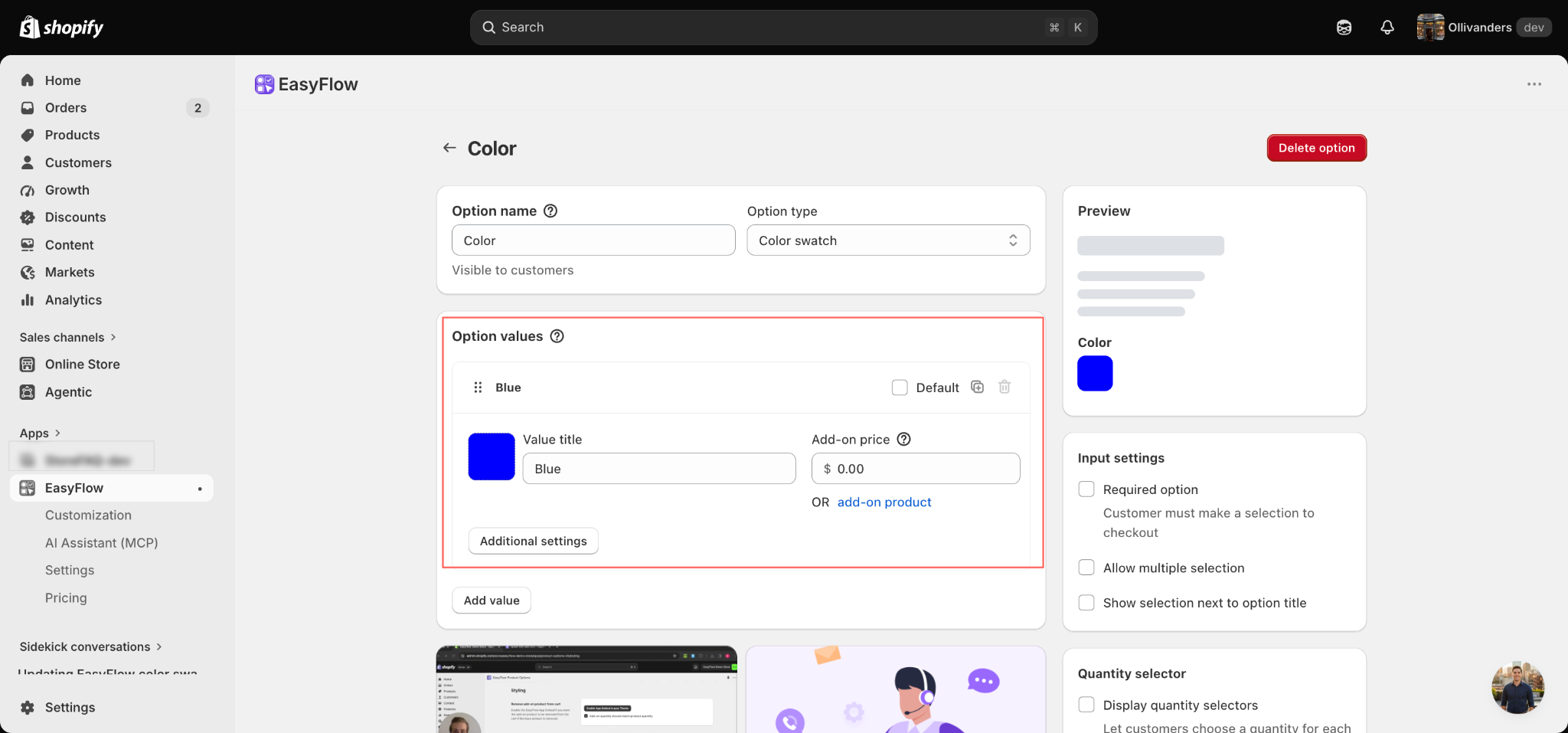 The Color option Codex created, with its Blue value and the shopper-facing preview.