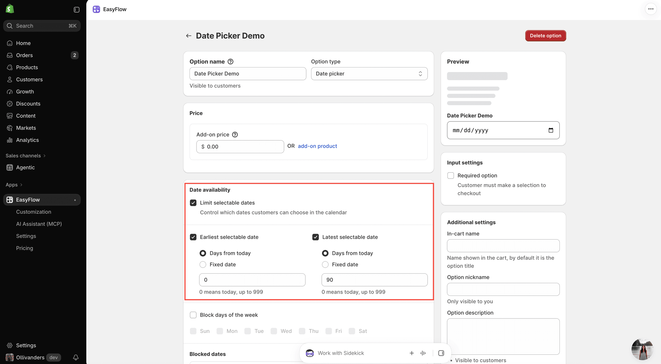 date picker in shopify