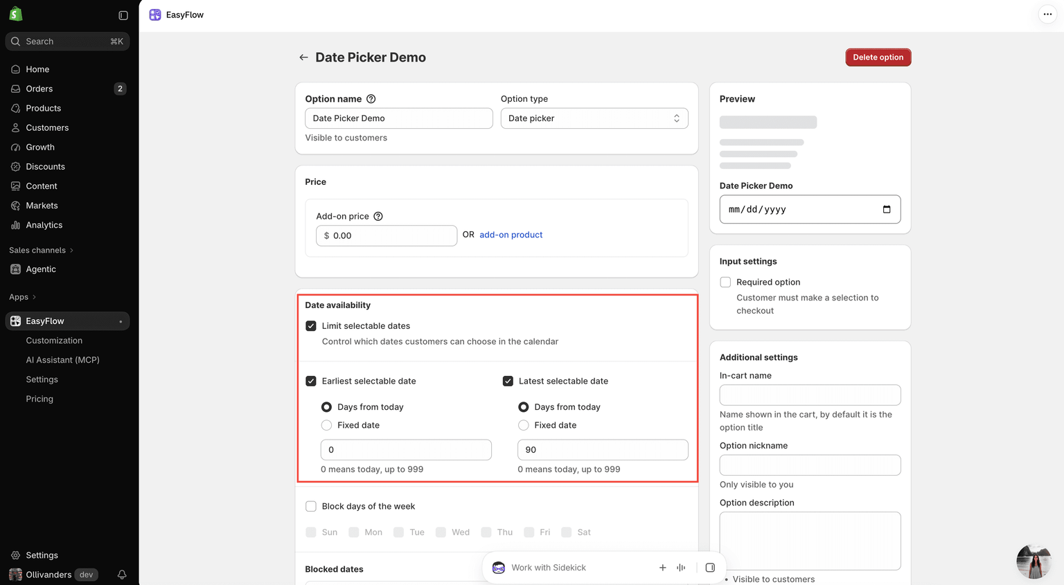 date picker to any product